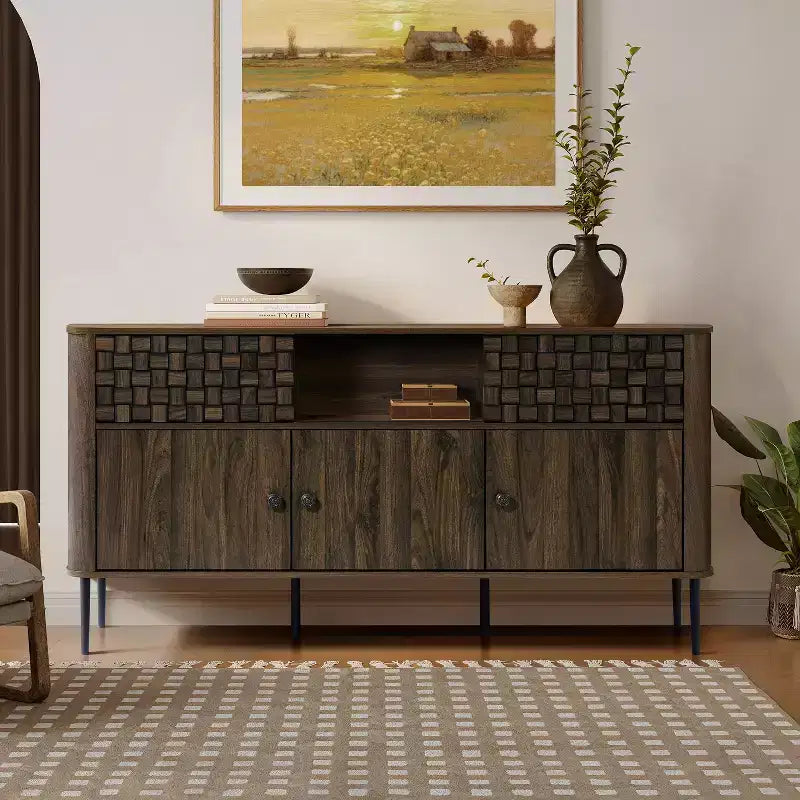 LuxenHome Dark Oak Manufactured Wood with Basket Weave 3-Door and 2-Sliding Door Sideboard Cabinet