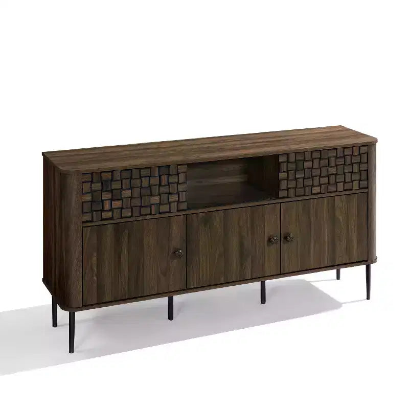 Bahut LuxenHome en bois manufacturé chêne foncé avec motif tressé, 3 portes battantes et 2 portes coulissantes
