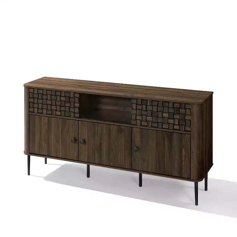 Bahut LuxenHome en bois manufacturé chêne foncé avec motif tressé, 3 portes battantes et 2 portes coulissantes