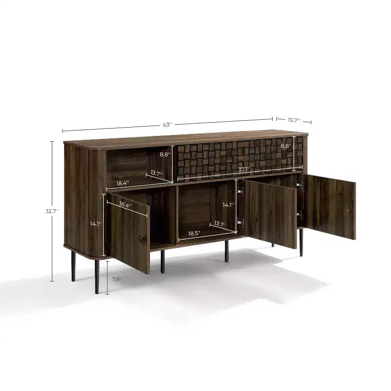 Bahut LuxenHome en bois manufacturé chêne foncé avec motif tressé, 3 portes battantes et 2 portes coulissantes