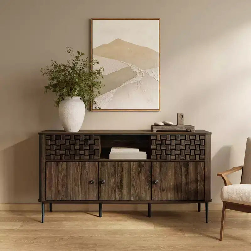 Bahut LuxenHome en bois manufacturé chêne foncé avec motif tressé, 3 portes battantes et 2 portes coulissantes