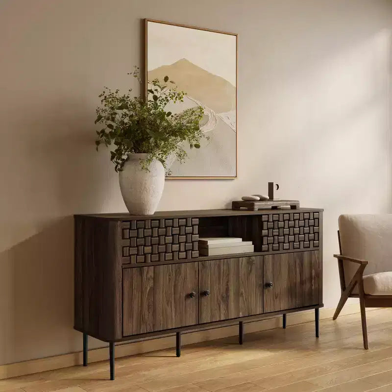Bahut LuxenHome en bois manufacturé chêne foncé avec motif tressé, 3 portes battantes et 2 portes coulissantes
