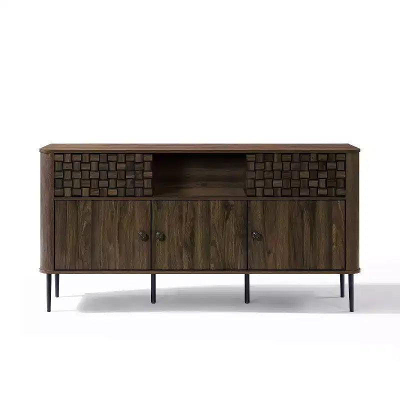 Bahut LuxenHome en bois manufacturé chêne foncé avec motif tressé, 3 portes battantes et 2 portes coulissantes