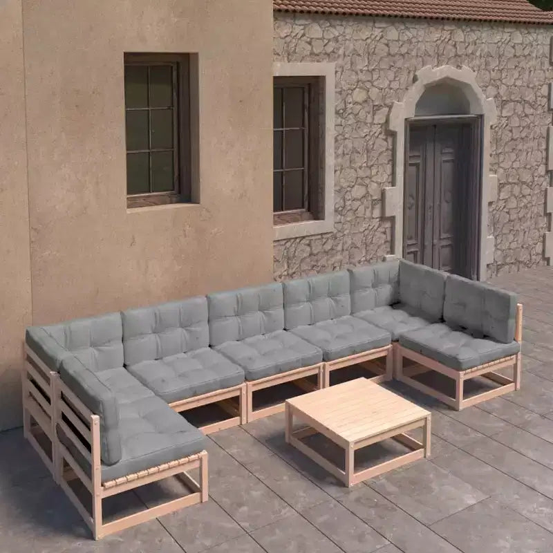 vidaXL Salotto da Giardino 8 pz. Divano Sezionale da Esterno in Legno Massello di Pino - Naturale con Cuscini