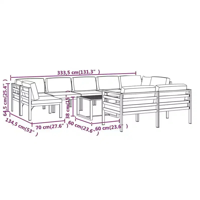 Set divano da giardino in alluminio vidaXL, antracite - Set da esterni da 10 pezzi con cuscini e guanciali - Resistente alle intemperie, facile da pulire, design modulare