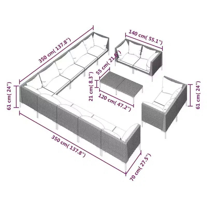 vidaXL Set Salotto da Giardino 14 pz Divano Sezionale da Esterno Grigio Scuro in Polyrattan con Cuscini per Giardino/Patio/Terrazza