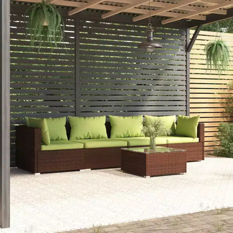 vidaXL Mobili da giardino marroni - Cuscino verde - 4 posti con tavolo