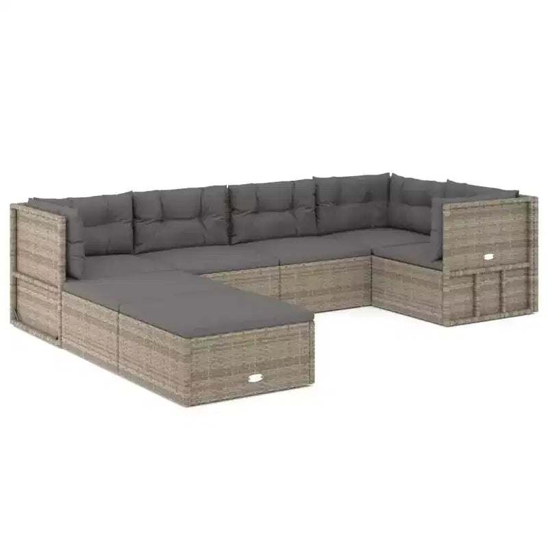 vidaXL - 7-Piece Patio Furniture Set - Gray Poly Rattan Sectional Sofa with Cushions - Modular Outdoor Seating - Adjustable Seats