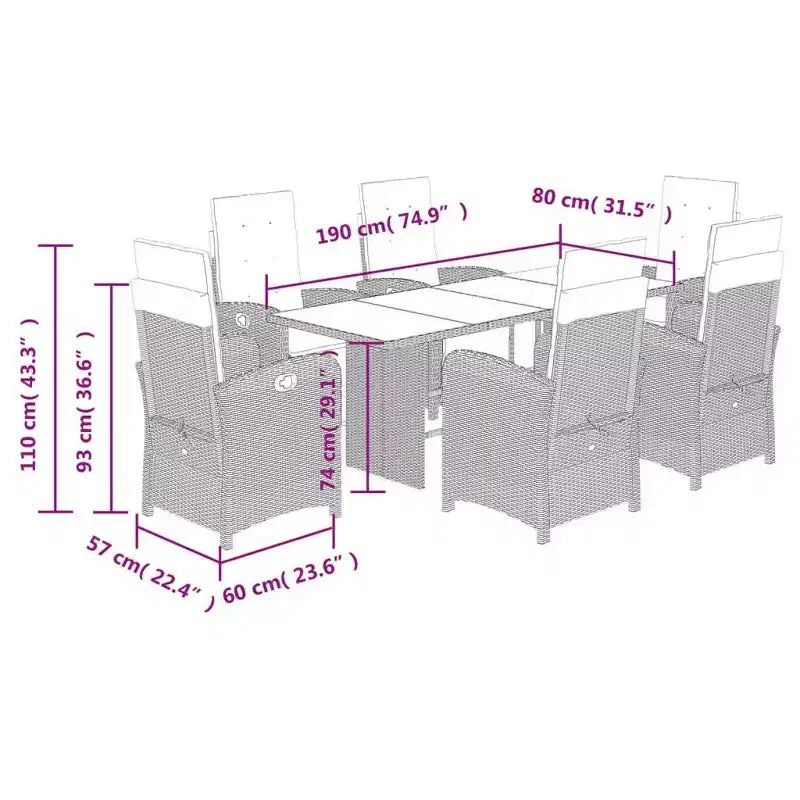 vidaXL Salon de jardin 7 pcs en résine tressée gris avec coussins bleu marine - Chaises inclinables réglables et plateau de table en verre trempé pour jardin/extérieur/balcon