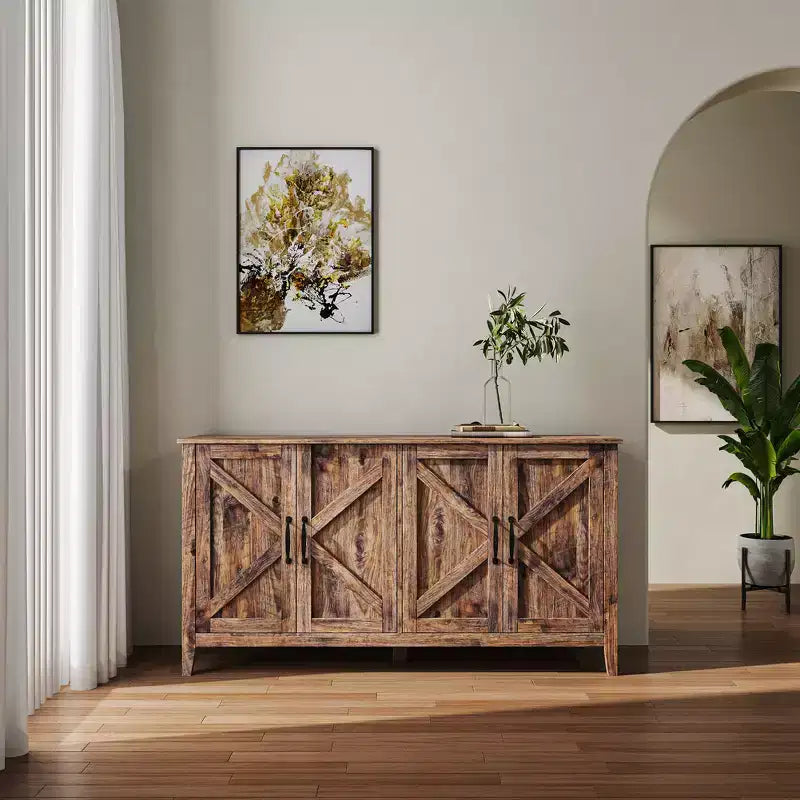 Buffet vaisselier avec rangement de 150 cm, meuble de rangement d'appoint vintage avec 4 portes, armoires de bar à café de style ferme pour cuisine, couloir, entrée