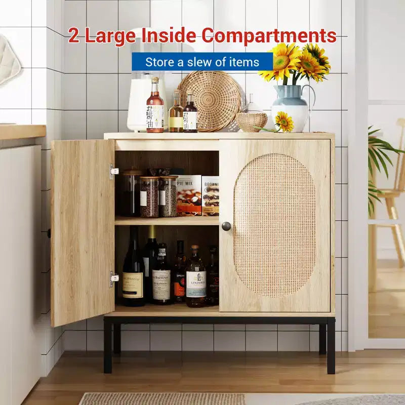Credenza da 80 cm, armadietto in rattan con ripiani regolabili, credenza da cucina per soggiorno, sala da pranzo, ingresso