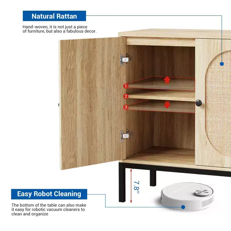 Credenza da 80 cm, armadietto in rattan con ripiani regolabili, credenza da cucina per soggiorno, sala da pranzo, ingresso