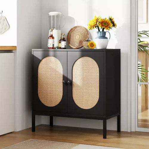 31.5 Inch Sideboard, Rattan Storage Cabinet with Adjustable Shelves, Kitchen Sideboard for Living Room Dining Room Entryway