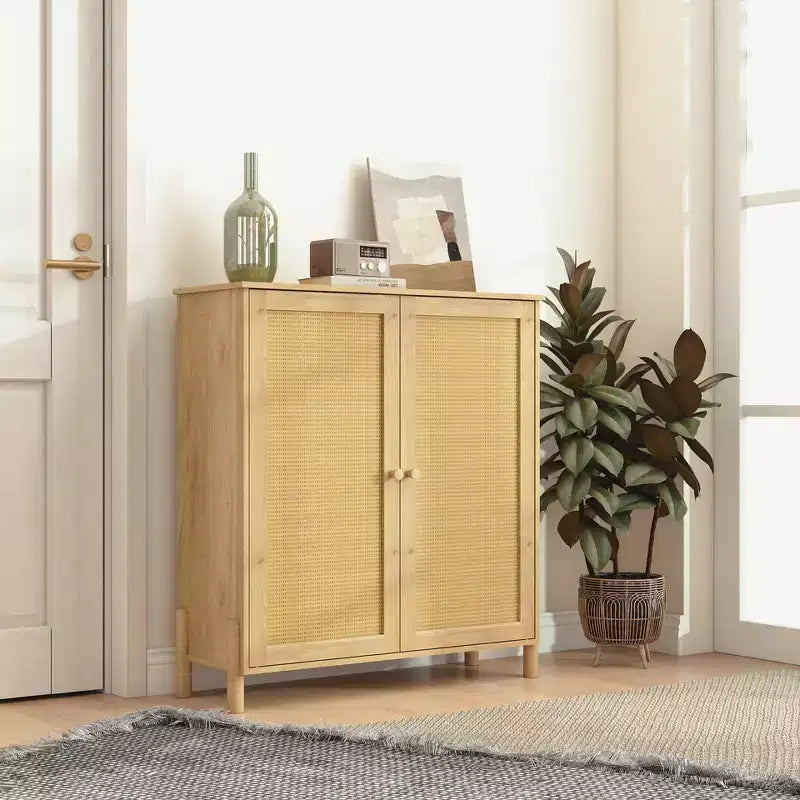 Credenza a Buffet con Ante in Rattan e Ripiani Regolabili, Mobile Contenitore da Cucina, Credenza Mobiletto Consolle per Ingresso Sala da Pranzo