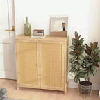 Credenza a Buffet con Ante in Rattan e Ripiani Regolabili, Mobile Contenitore da Cucina, Credenza Mobiletto Consolle per Ingresso Sala da Pranzo