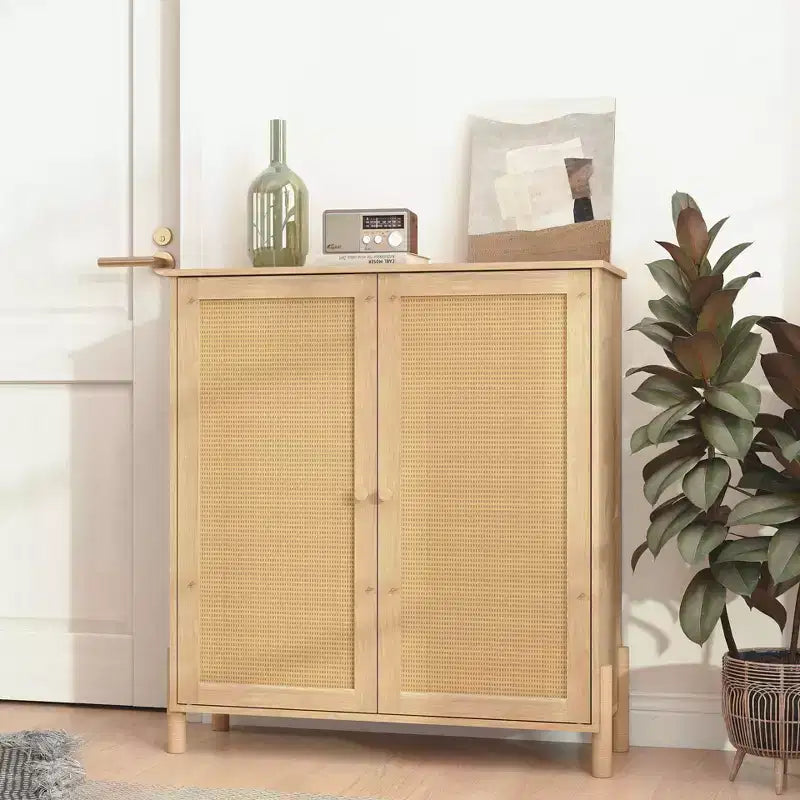 Credenza a Buffet con Ante in Rattan e Ripiani Regolabili, Mobile Contenitore da Cucina, Credenza Mobiletto Consolle per Ingresso Sala da Pranzo