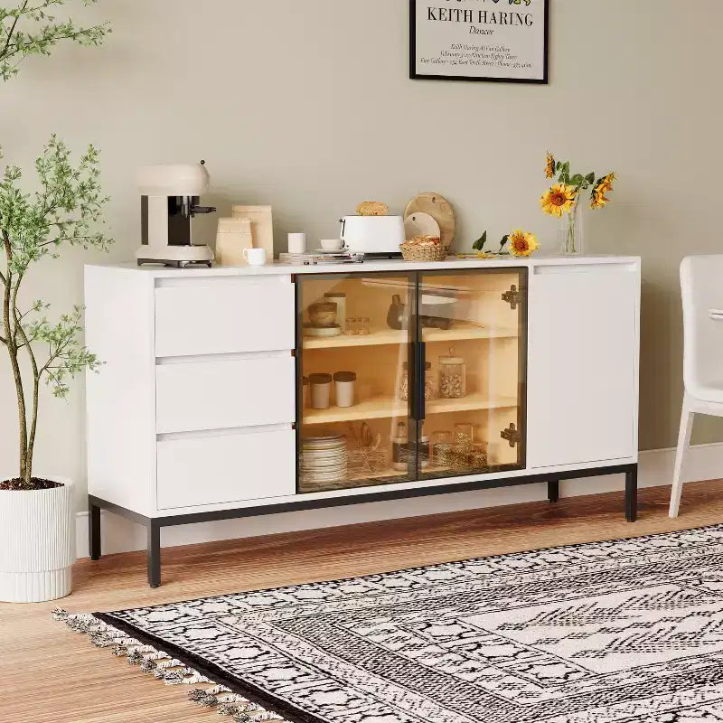 Mobile credenza da caffè da 63 pollici con contenitore, mobile buffet con 3 cassetti, isola cucina bianca stile fattoria con tavolo credenza a 2 ante in vetro per sala da pranzo e cucina