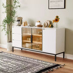 Mobile credenza da caffè da 63 pollici con contenitore, mobile buffet con 3 cassetti, isola cucina bianca stile fattoria con tavolo credenza a 2 ante in vetro per sala da pranzo e cucina