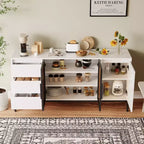 Mobile credenza da caffè da 63 pollici con contenitore, mobile buffet con 3 cassetti, isola cucina bianca stile fattoria con tavolo credenza a 2 ante in vetro per sala da pranzo e cucina