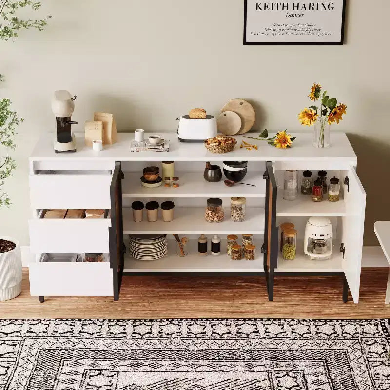 Mobile credenza da caffè da 63 pollici con contenitore, mobile buffet con 3 cassetti, isola cucina bianca stile fattoria con tavolo credenza a 2 ante in vetro per sala da pranzo e cucina