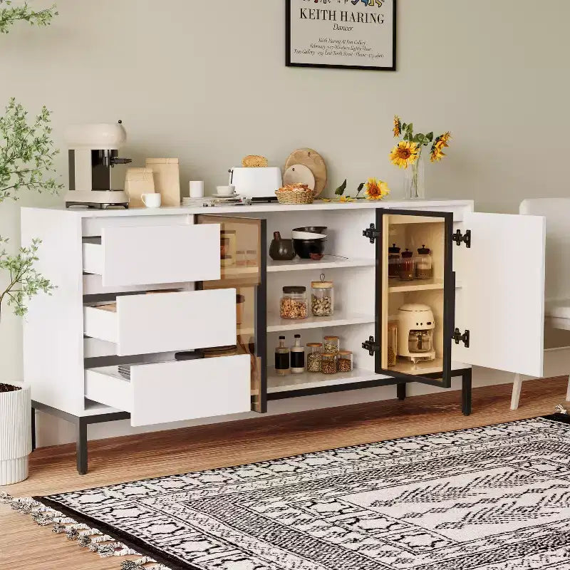 Mobile credenza da caffè da 63 pollici con contenitore, mobile buffet con 3 cassetti, isola cucina bianca stile fattoria con tavolo credenza a 2 ante in vetro per sala da pranzo e cucina