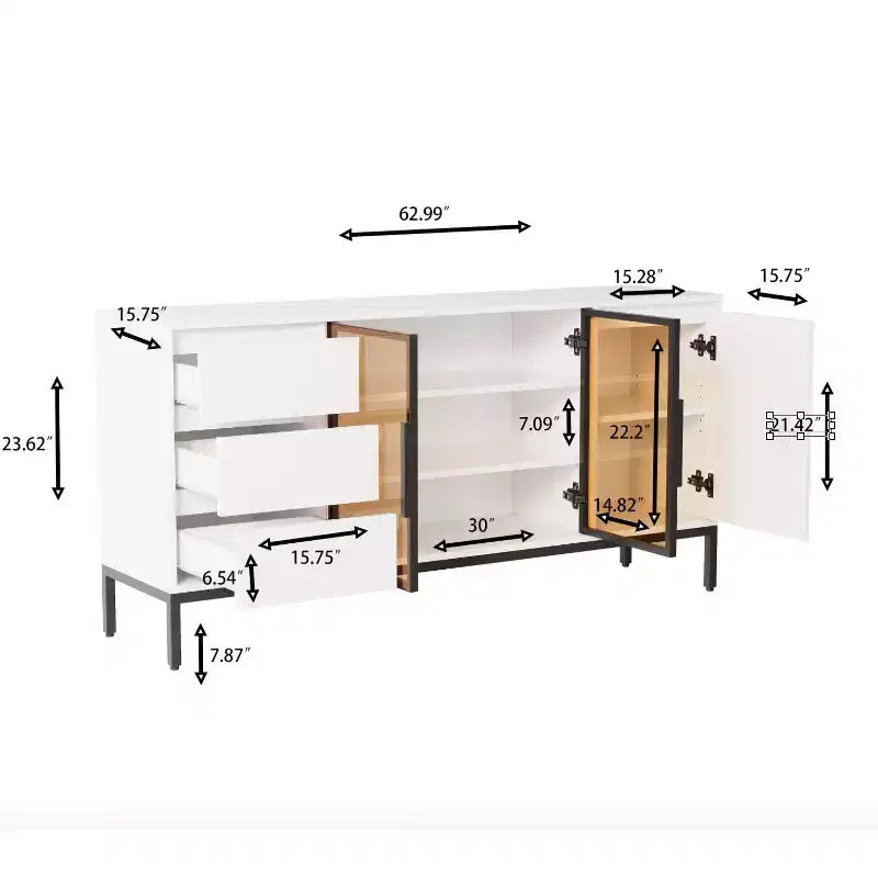 Mobile credenza da caffè da 63 pollici con contenitore, mobile buffet con 3 cassetti, isola cucina bianca stile fattoria con tavolo credenza a 2 ante in vetro per sala da pranzo e cucina