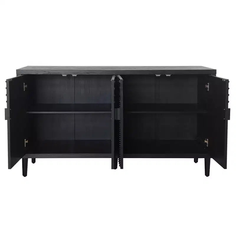 Buffet de salle à manger 59" à cannelures avec 4 portes, meuble d'entrée noir antique, armoire de rangement décorative, crédence d'appoint pour salon, cuisine, maison