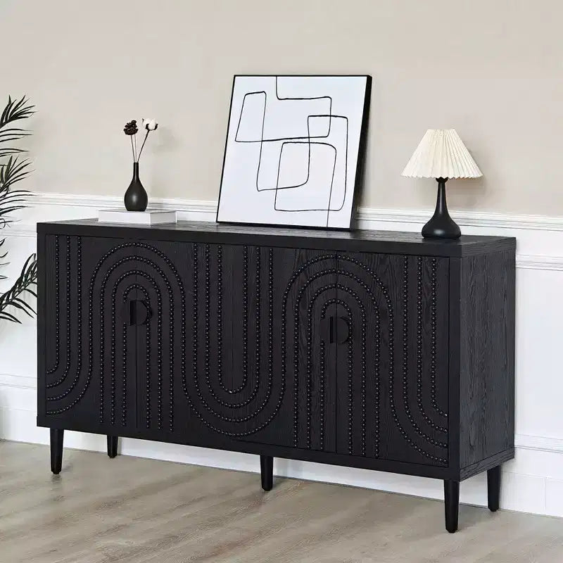 Credenza/Mobile Buffet Scanalato da 150 cm con 4 Ante, Nero Antico, Tavolo da Ingresso, Mobile Contenitore Decorativo, Credenza d'Accento per Soggiorno, Cucina Domestica