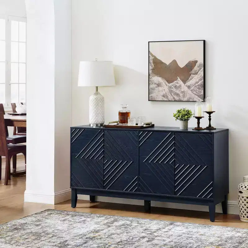 Buffet de rangement 60 po avec portes à motif géométrique et étagères réglables, meuble TV console moderne, table de bar à café pour cuisine