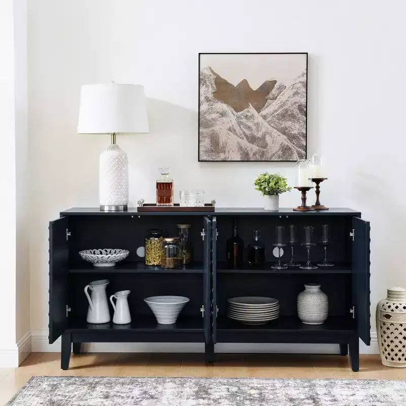 Buffet de rangement 60 po avec portes à motif géométrique et étagères réglables, meuble TV console moderne, table de bar à café pour cuisine