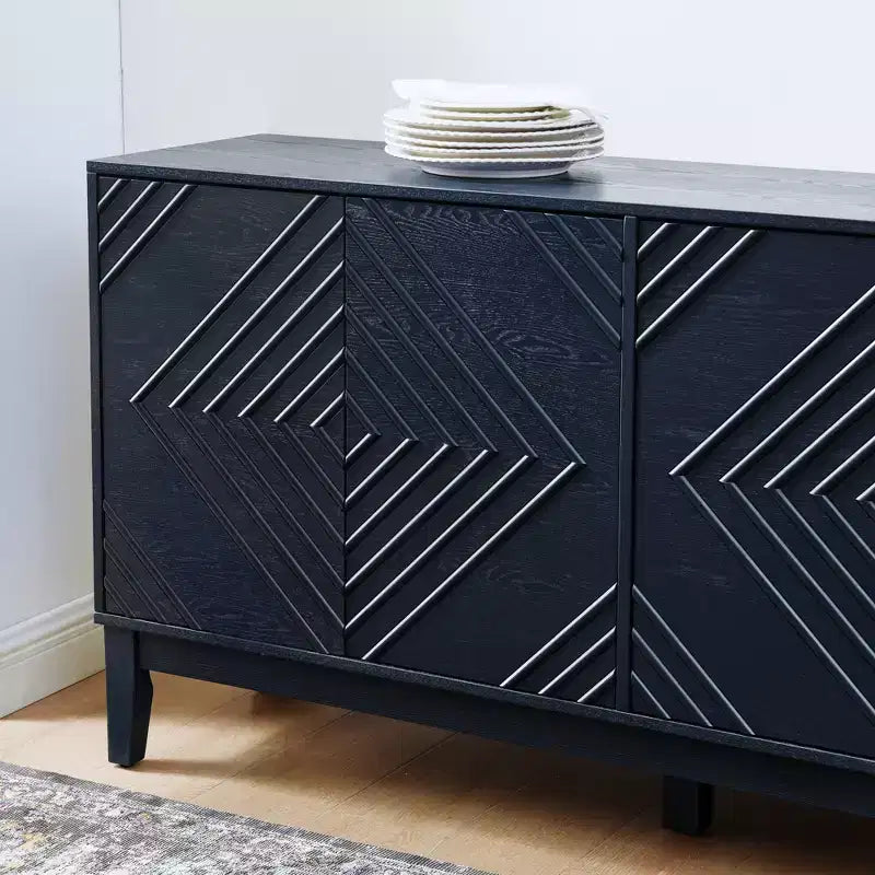 Buffet de rangement 60 po avec portes à motif géométrique et étagères réglables, meuble TV console moderne, table de bar à café pour cuisine