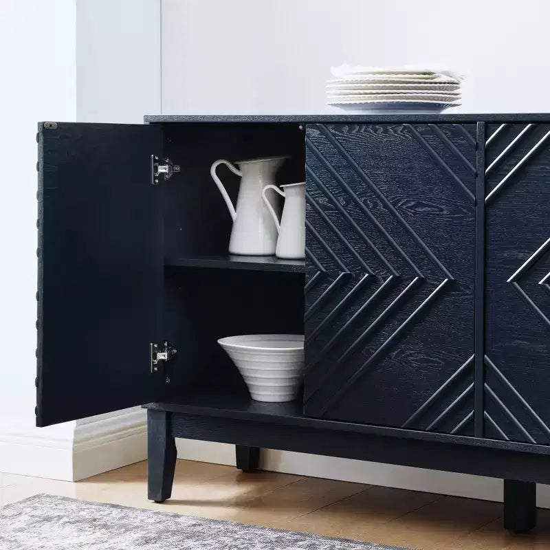 Buffet de rangement 60 po avec portes à motif géométrique et étagères réglables, meuble TV console moderne, table de bar à café pour cuisine