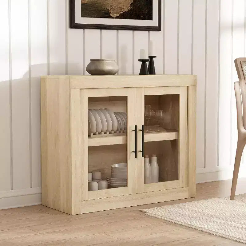 CuisinSmart 71 Buffet bas avec 4 portes, Buffet d'appoint de style Mid-Century Modern avec rangement pour salon et cuisine, Naturel