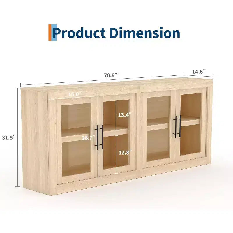 CuisinSmart 71 Buffet bas avec 4 portes, Buffet d'appoint de style Mid-Century Modern avec rangement pour salon et cuisine, Naturel