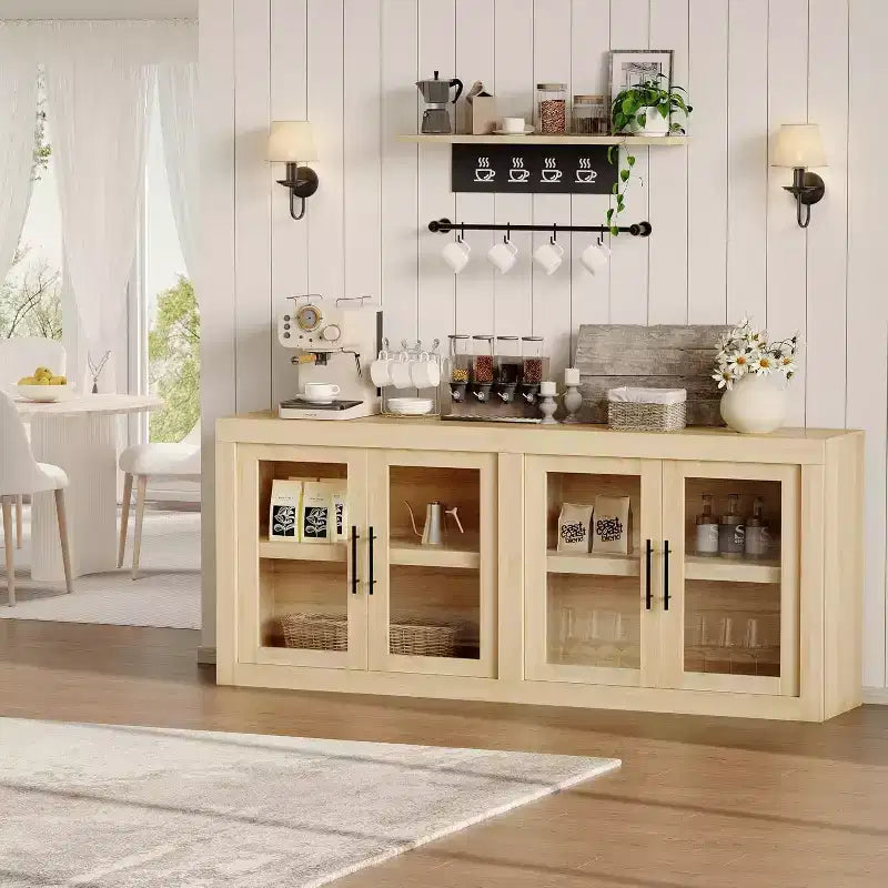 CuisinSmart 71 Buffet bas avec 4 portes, Buffet d'appoint de style Mid-Century Modern avec rangement pour salon et cuisine, Naturel