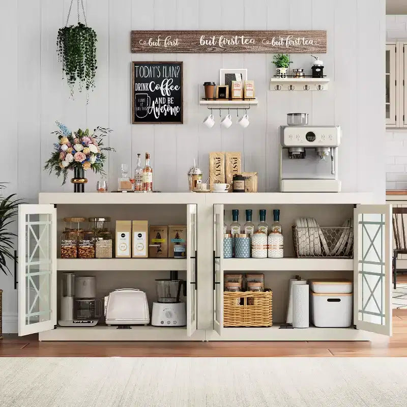CuisinSmart 71 Buffet bas avec 4 portes, Buffet d'appoint de style Mid-Century Modern avec rangement pour salon et cuisine, Naturel