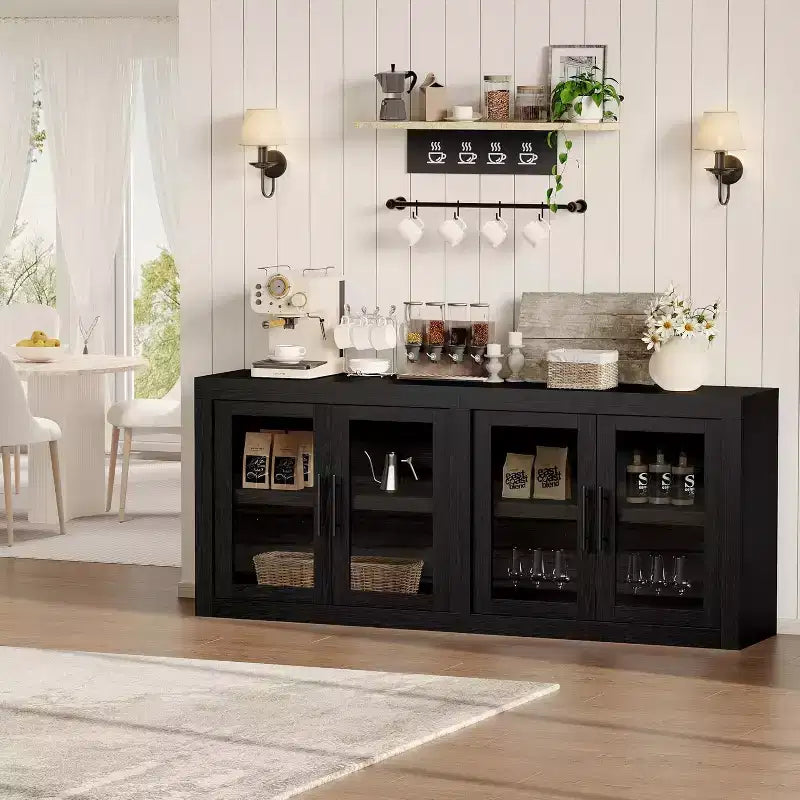 CuisinSmart 71 Buffet bas avec 4 portes, Buffet d'appoint de style Mid-Century Modern avec rangement pour salon et cuisine, Naturel