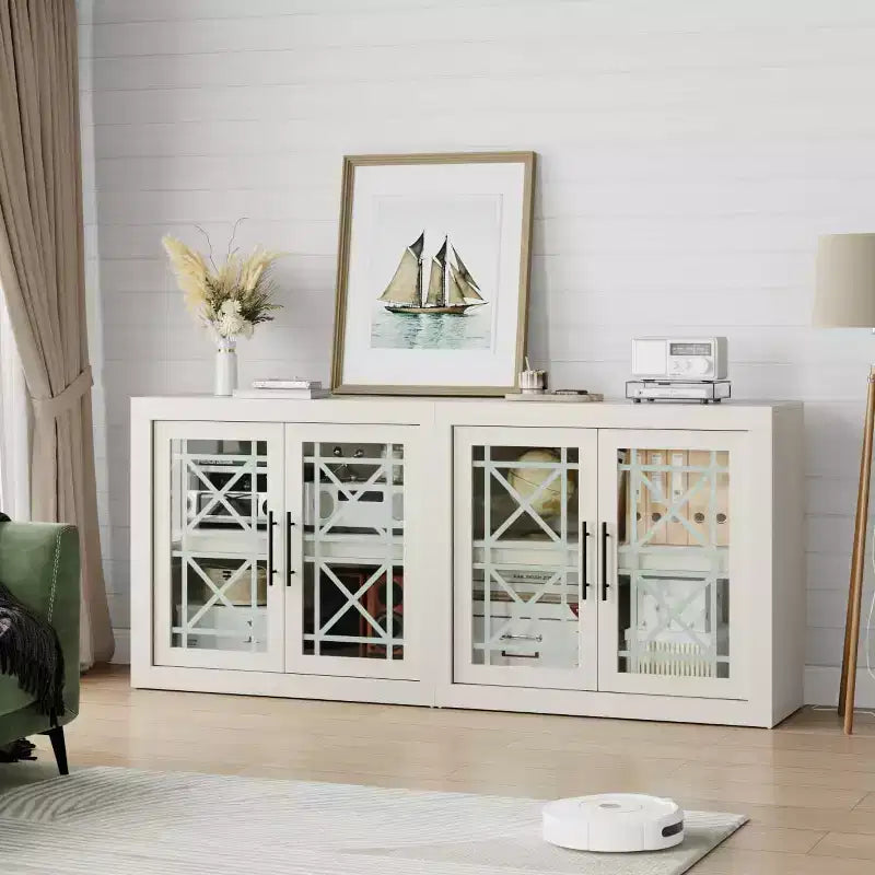 CuisinSmart 71 Buffet bas avec 4 portes, Buffet d'appoint de style Mid-Century Modern avec rangement pour salon et cuisine, Naturel