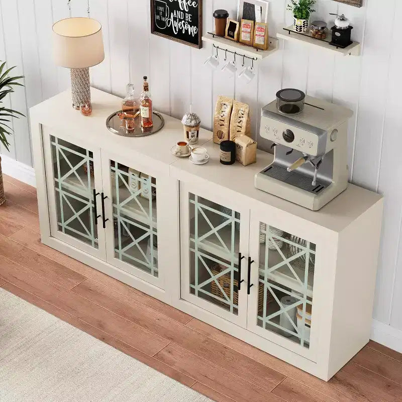 CuisinSmart 71 Buffet bas avec 4 portes, Buffet d'appoint de style Mid-Century Modern avec rangement pour salon et cuisine, Naturel