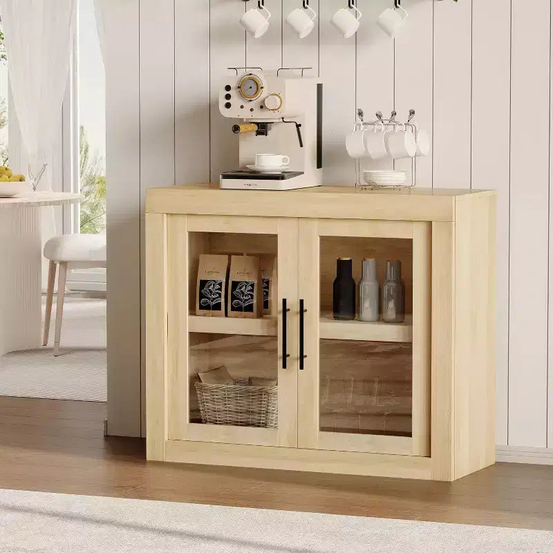 CuisinSmart 71 Buffet bas avec 4 portes, Buffet d'appoint de style Mid-Century Modern avec rangement pour salon et cuisine, Naturel