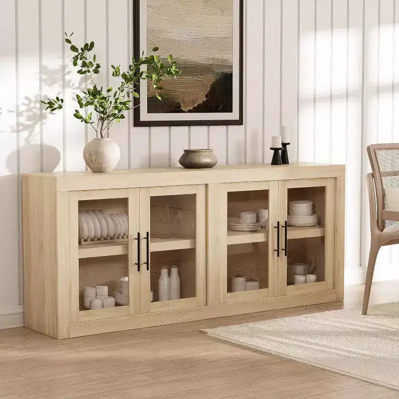 CuisinSmart 71 Mobile Buffet con 4 Ante, Armadio Accento Moderno di Metà Secolo con Contenitore per Soggiorno Cucina, Naturale