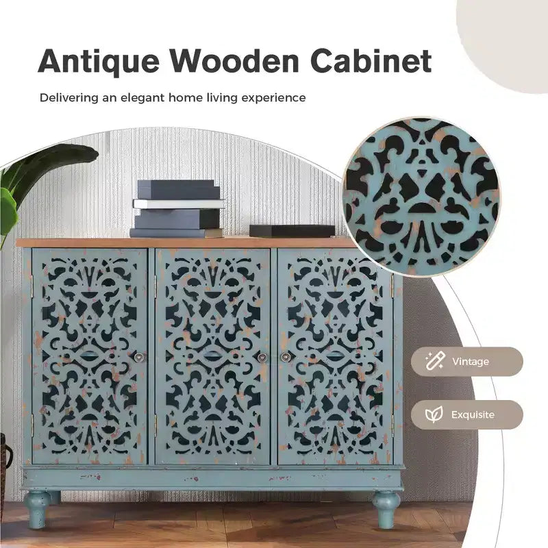 Captiva Designs Buffet bas de rangement à portes creuses patiné avec pieds en bois massif pour salon, entrée, hall