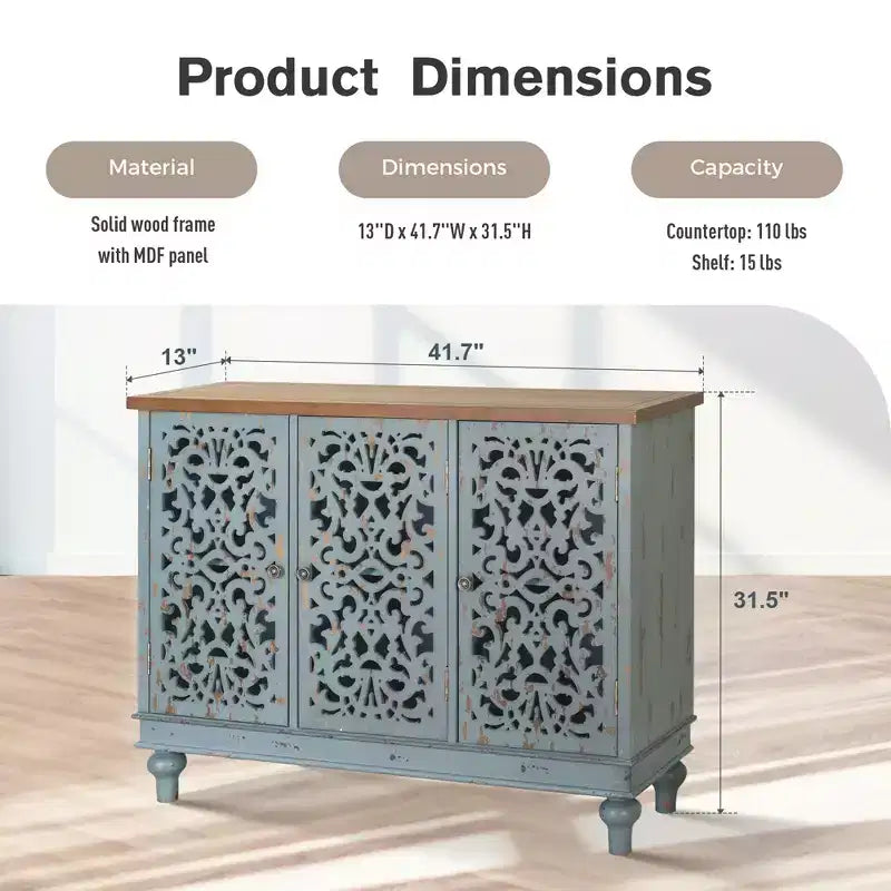 Captiva Designs Buffet bas de rangement à portes creuses patiné avec pieds en bois massif pour salon, entrée, hall