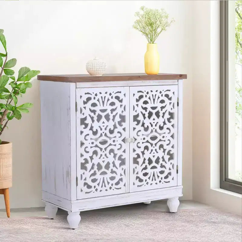 Captiva Designs Buffet bas de rangement à portes creuses patiné avec pieds en bois massif pour salon, entrée, hall