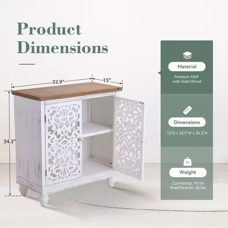 Captiva Designs Buffet bas de rangement à portes creuses patiné avec pieds en bois massif pour salon, entrée, hall