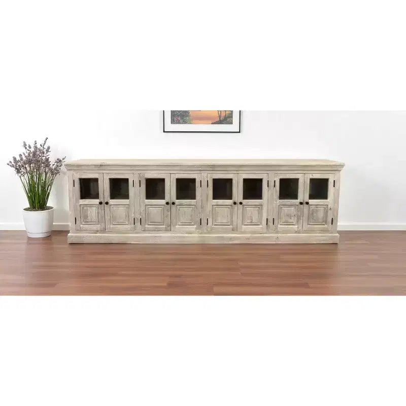 HomeRoots 118 Buffet en bois massif vieilli blanc vieilli avec 8 portes vitrées