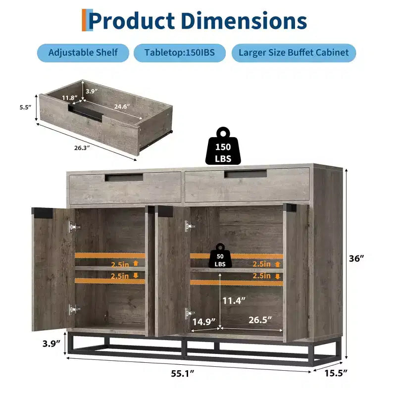 CuisinSmart 55 Credenza Moderna Grande da Cucina con 2 Cassetti e 4 Ante, Mobile Contenitore Buffet da Bar per Caffè per Sala da Pranzo
