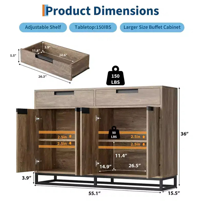 CuisinSmart 55 Credenza Moderna Grande da Cucina con 2 Cassetti e 4 Ante, Mobile Contenitore Buffet da Bar per Caffè per Sala da Pranzo