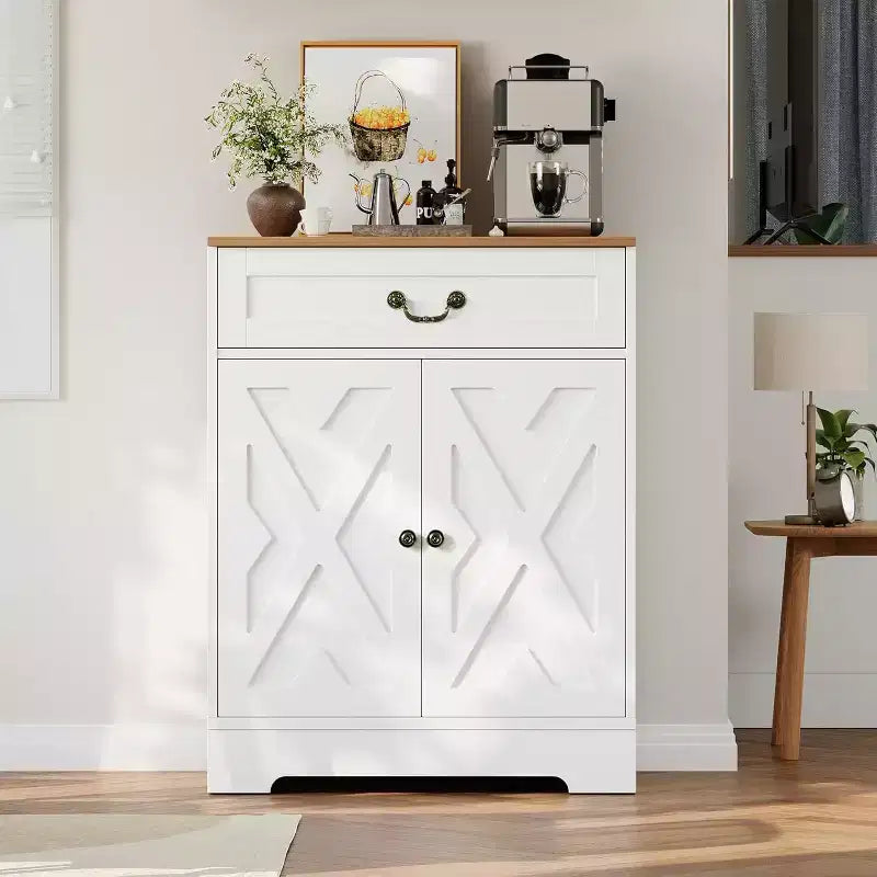CuisinSmart Farmhouse Coffee Bar Cabinet with 2 Doors & Drawer, Adjustable Shelf Kitchen Storage Buffet Sideboard, 150LB Capacity, for Dining Room