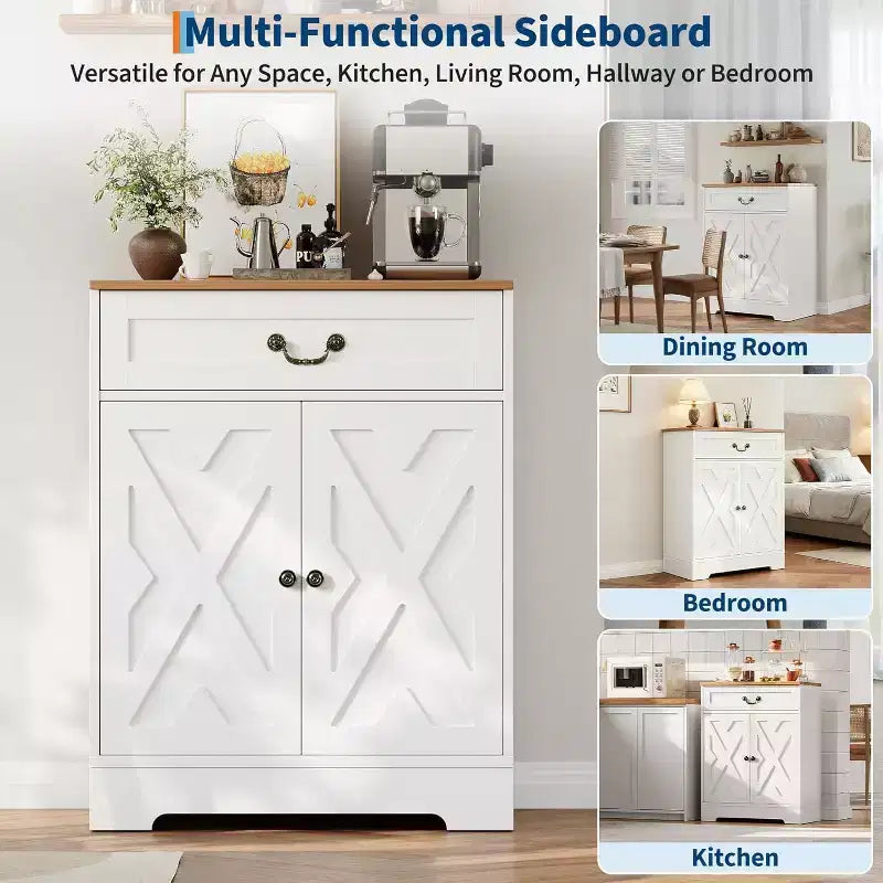 CuisinSmart Mobile da Caffè Farmhouse con 2 Ante e Cassetto, Credenza da Cucina con Ripiano Regolabile, Capacità 150 libbre, per Sala da Pranzo